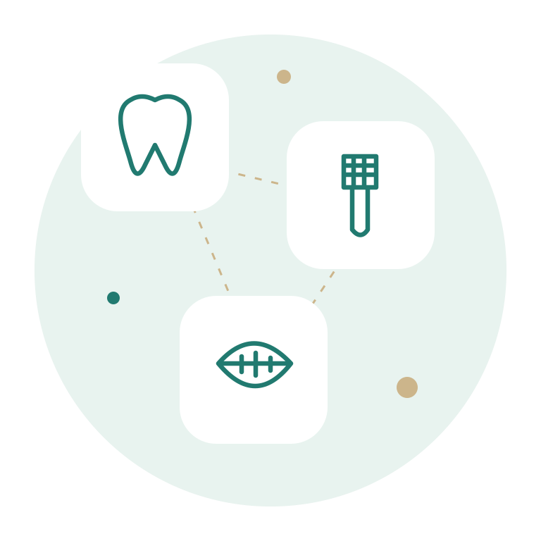 Illustration d’une dent, d’une brosse et d’un sourire pour les thèmes de prévention et de soin.